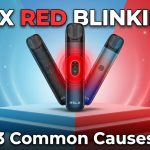 Home 54 Close-up of a RELX vape device with a red LED light blinking during inhale, held against a plain background.