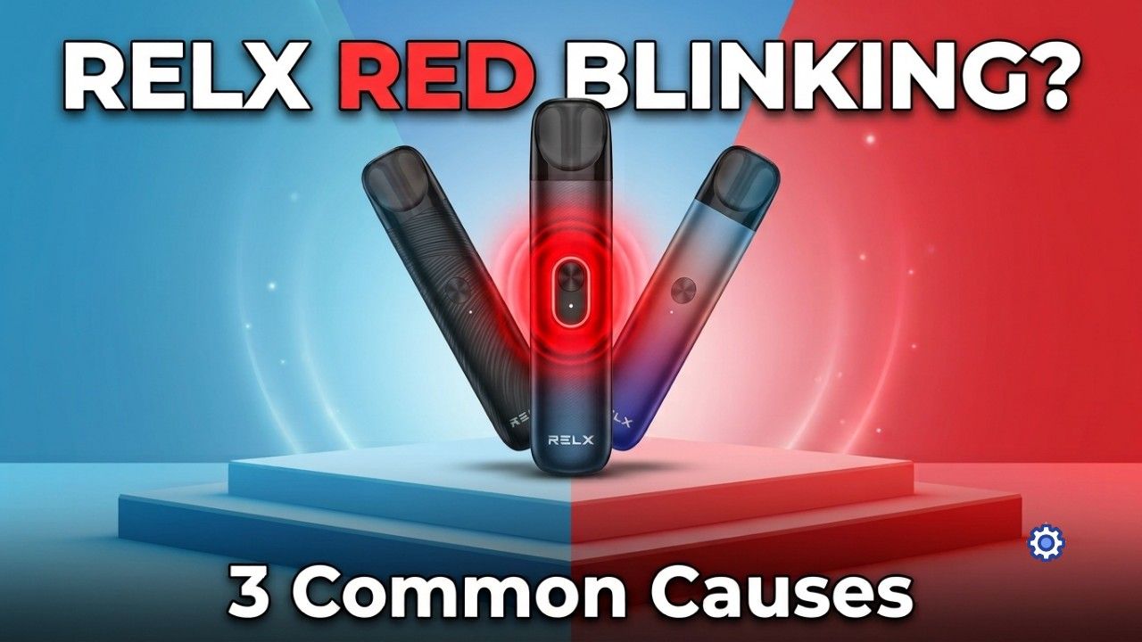Close-up of a RELX vape device with a red LED light blinking during inhale, held against a plain background.
