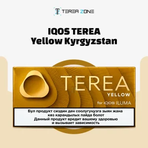 IQOS TEREA Yellow Kyrgyzstan tobacco sticks arranged next to the product box, highlighting the Yellow tobacco blend now in Dubai