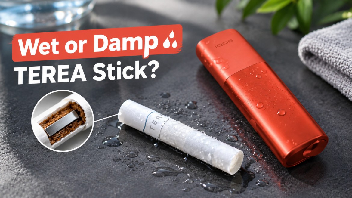 Wet TEREA stick lying next to an IQOS ILUMA holder on a dry surface